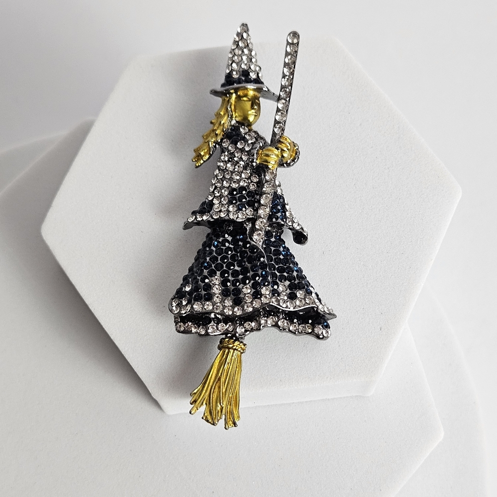 Witch Pendant or Brooch w/Broom Halloween Holiday Blue and White Crystals  3.5"
